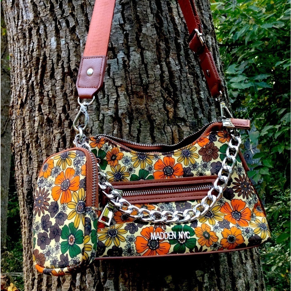 New Madden NYC brown floral mini bag  w/nylon belt strap
